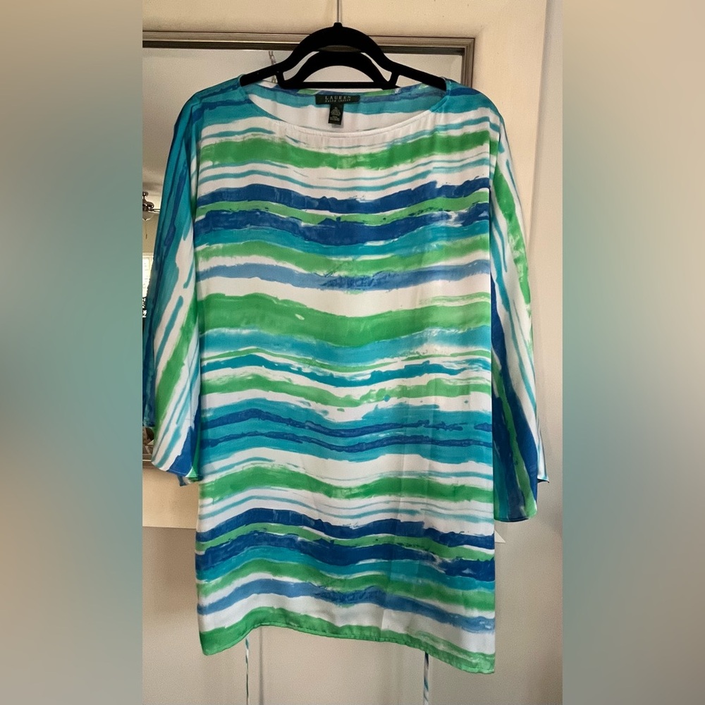 Lauren Ralph Lauren Blue & Green Watercolor Stripe Top Size XL - Picture 2 of 9